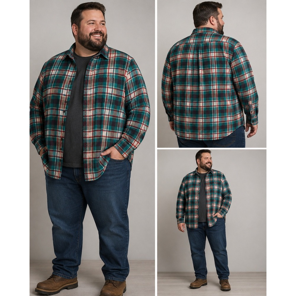 St Johns Bay Mens 3XLT Super Soft Flannel Shirt Teal Red Plaid Cotton Tall